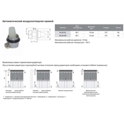 Воздухоотводчик автоматический для радиатора (левый)BL5819L