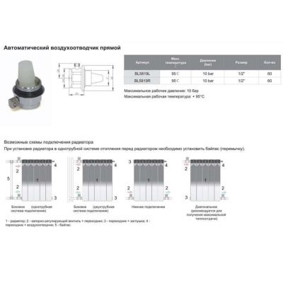 Воздухоотводчик автоматический для радиатора (правый)BL5819R (шк)