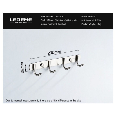 Планка для ванной LEDEME L70201-4 из нержавеющей стали с 4-мя крючками