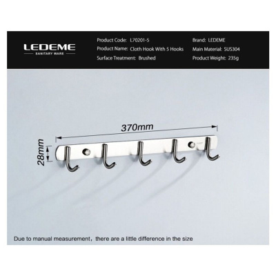 Планка для ванной LEDEME L70201-5 из нержавеющей стали с 5-ю крючками
