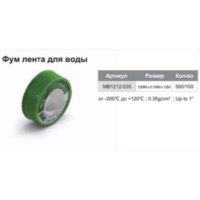 Фум лента для воды, 12м* 12мм* 0.1мм, плотность: 0.35г/см3, Макс. Резъба до  1