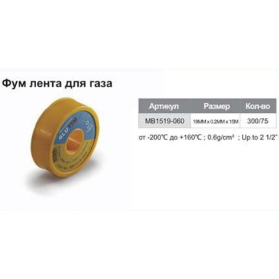 Фум лента для газа,  15м* 19мм*0.2мм, плотность: 0.6г/см3, Макс. Резъба до  2