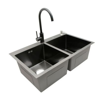 Мойка для кухни врезная AVINA HM7848/2 черная из нержавеющей стали, 78*48 см 2 чаши с сифоном, коландером, дозатором