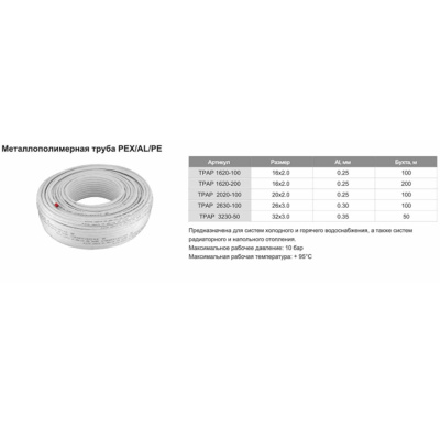 Труба металлопластиковая ф16-2 мм TIM TPAP 1620-200 200м (цена за 1 метр)