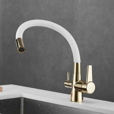 Смеситель для кухни Shevanik S668E с гибким изливом и подключением фильтра, белый/золото