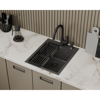 Мойка для кухни врезная D&K DKS415006 графит из нержавеющей стали, 41*50 см с сифоном, коландером, дозатором