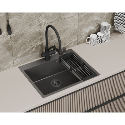 Мойка для кухни врезная D&K DKS605006 графит из нержавеющей стали, 60*50 см с сифоном, коландером, дозатором