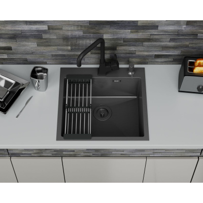 Мойка для кухни врезная D&K DKS505006 графит из нержавеющей стали, 50*50 см с сифоном, коландером, дозатором