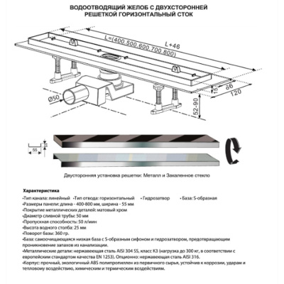 Желоб водоотводящий 600х70 мм TIM ZSt.1121.6002 Evolux Plus с двухсторонней решеткой горизонтальный сток