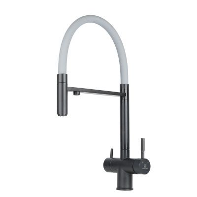 Смеситель для кухни Wasser Zimmer ZM-2010Q черный, с гибким изливом, подключением к фильтру питьевой воды, серый излив, SUS304
