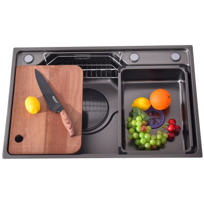 Мойка для кухни врезная Fmark FSC6845Q графит из нержавеющей стали, 68*45 см с сифоном, коландером, мусоросборником, корзинкой для губок
