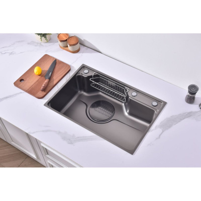 Мойка для кухни врезная Fmark FSC6845Q графит из нержавеющей стали, 68*45 см с сифоном, коландером, мусоросборником, корзинкой для губок