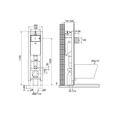 Инсталляция OLI QUADRA PLUS Sanitarblock 141945 без кнопки, (fast-fit), 300*1150*187 мм, пневматическая