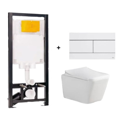 Комплект Инсталляция OLI 80 ECO mechanic с кнопкой Slim белая 886914SLO1 + Унитаз подвесной Knois KN9722001 безободковый, с крышкой 53,3х36,5х35,5 см.