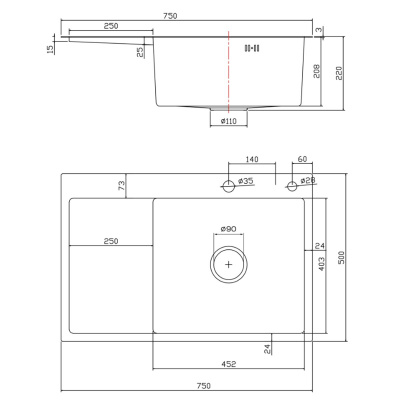 Мойка для кухни врезная Fmark FSC7550Q-R графит из нержавеющей стали, 75*50 см правая с сифоном