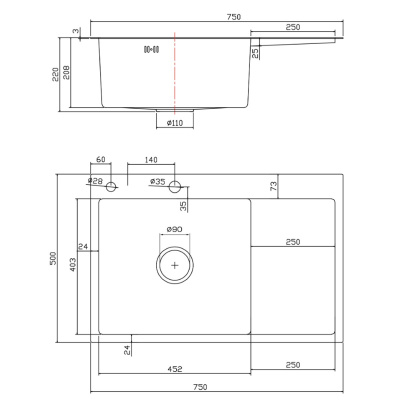Мойка для кухни врезная Fmark FSC7550Q-L графит из нержавеющей стали, 75*50 см левая с сифоном