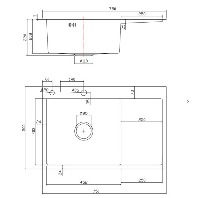 Мойка для кухни врезная Fmark FSC7550C-L матовое золото из нержавеющей стали, 75*50 см левая с сифоном