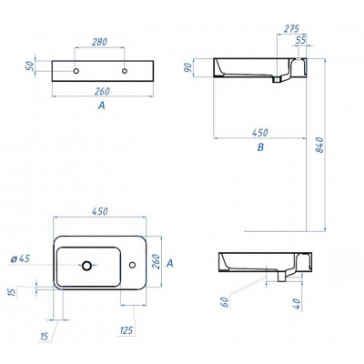 Раковина подвесная правая Watersense Mia 45 W00025 450х260х90 мм с полочкой под смеситель, белая