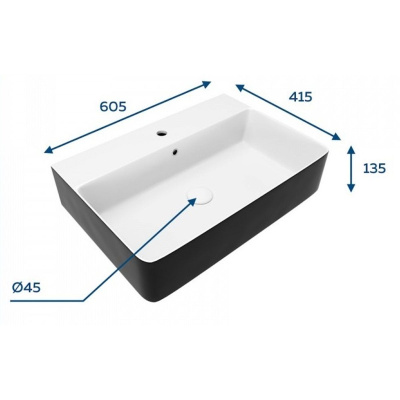 Раковина накладная Watersense Eva 60 Duo W00774 605х415х135 мм с полочкой под смеситель, черно-белый глянец