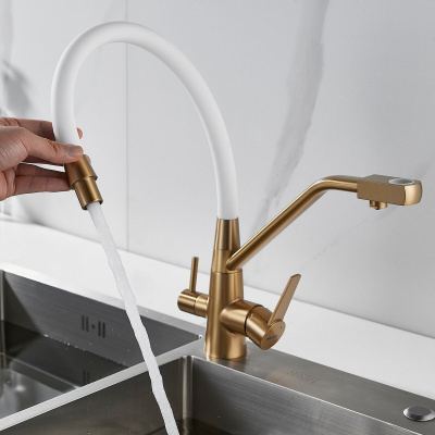 Смеситель для кухни Shevanik S968G с подключением фильтра питьевой воды, белый/золото