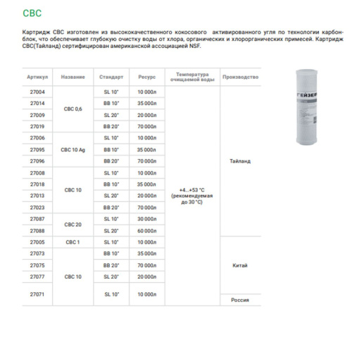 Картридж угольный Гейзер CBC 10 10SL(К) 27071 для глубокой очистки воды от хлора