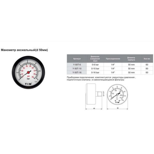 Манометр аксиалыный TIM Y-50T-16 1/4