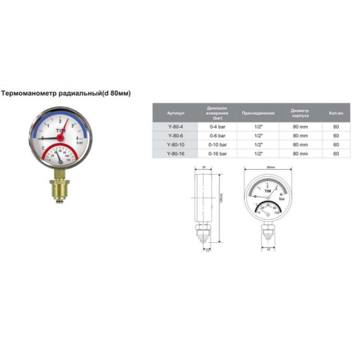 Термоманомер радиальный TIM Y-80-16 1/2