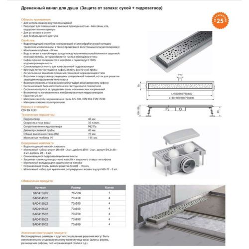 Желоб сухой+гидрозатвор,нерж.сталь 55см   BAD415502