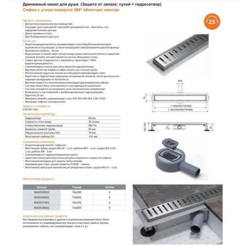 Желоб с фланцем 70*800mm с вращающимся фланцем на 360°  BAD538001