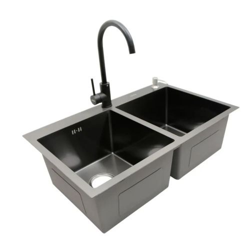 Мойка для кухни врезная AVINA HM7848/2 черная из нержавеющей стали, 78*48 см 2 чаши с сифоном, коландером, дозатором