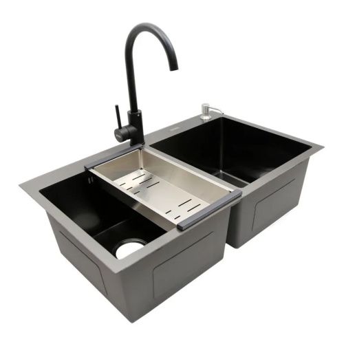 Мойка для кухни врезная AVINA HM7848/2 черная из нержавеющей стали, 78*48 см 2 чаши с сифоном, коландером, дозатором