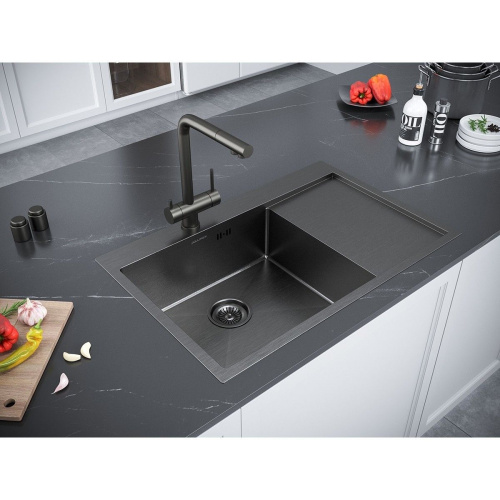 Мойка для кухни врезная GERHANS RK37851B-L графит из нержавеющей стали, 78х51 см левая с сифоном