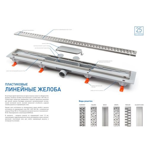 MCH Chudej Водоотводящий желоб с рамкой из нерж. стали 650 мм - глянец CH 650 KN