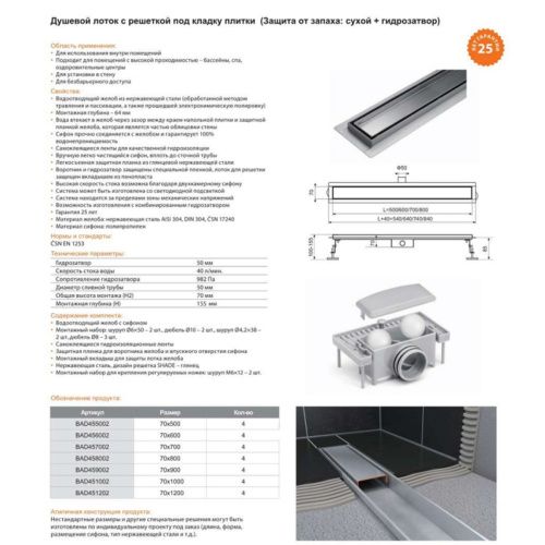 Желоб TIM гориз.выпуск с решеткой под кладку плитки защита от запаха:(сухой +гидрозатвор) 70*9000мм BAD459002