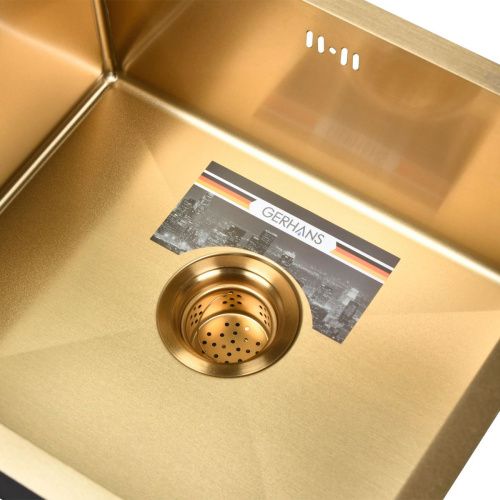 Мойка для кухни врезная GERHANS RK35043G золотая из нержавеющей стали, 50х43 см с сифоном