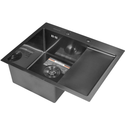 Мойка для кухни врезная GERHANS RK35848B-L графит из нержавеющей стали, 58х48 см левая с сифоном