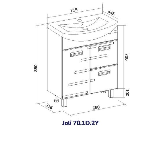 Тумба для ванны напольная Joli 70 tnJOLI70.1D.2Y-01 1 дверь, 2 ящика с раковиной Балтика 70
