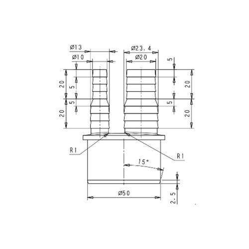 Переходник для подключения сливных шлангов бытовой техники к канализации 10х13х20х23х50, белый 4P_1013202350_02