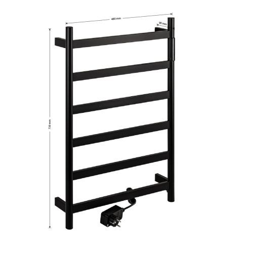 Полотенцесушитель электрический KRAFTTE 44046 Черный, матовый лесенка на 6 перекладин из нерж. стали с таймером 480 х 730 х 90 мм, 75W
