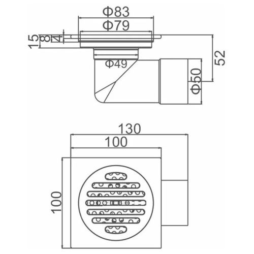 Трап для душа GERHANS K80510B-10 черный c горизонтальным выходом сухой затвор 100х100 мм
