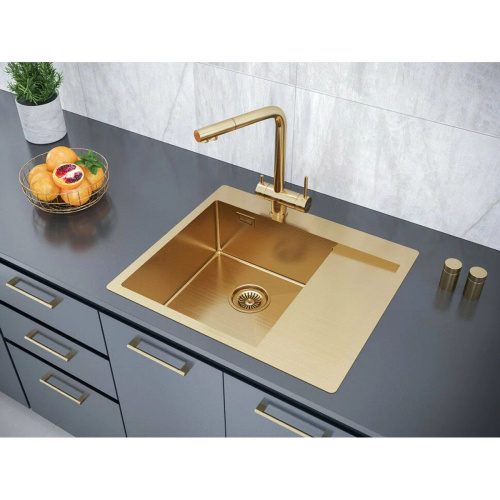 Мойка для кухни врезная GERHANS K37851G-R золотая из нержавеющей стали, 78х51 см правая с сифоном