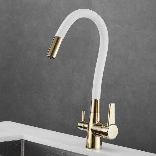 Смеситель для кухни Shevanik S668E с гибким изливом и подключением фильтра, белый/золото