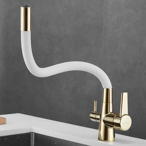Смеситель для кухни Shevanik S668E с гибким изливом и подключением фильтра, белый/золото