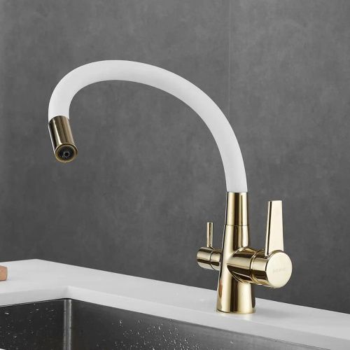 Смеситель для кухни Shevanik S668E с гибким изливом и подключением фильтра, белый/золото