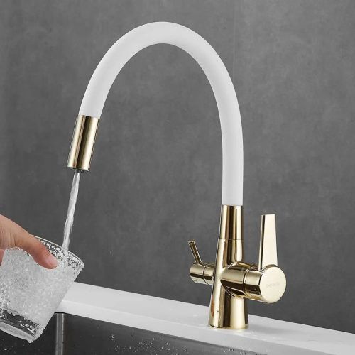 Смеситель для кухни Shevanik S668E с гибким изливом и подключением фильтра, белый/золото