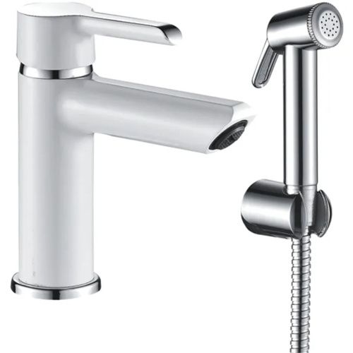 Смеситель для раковины Shevanik S6071F гигиеническим душем, белый/хром