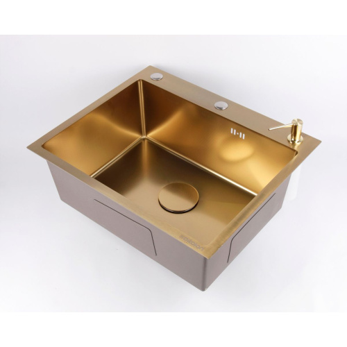 Мойка для кухни врезная Dikalan KN605012 золотая из нержавеющей стали, 60*50 см с сифоном, каландером
