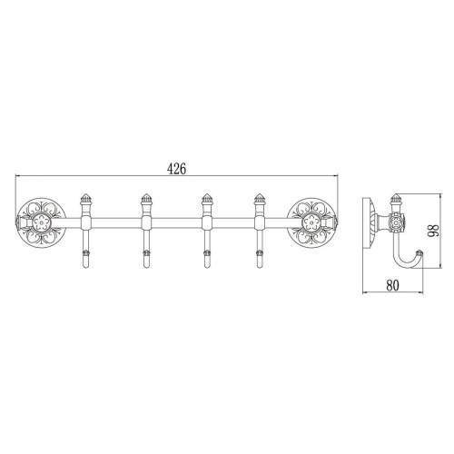 Планка с крючками Savol S-005874C 4 крючка, бронза
