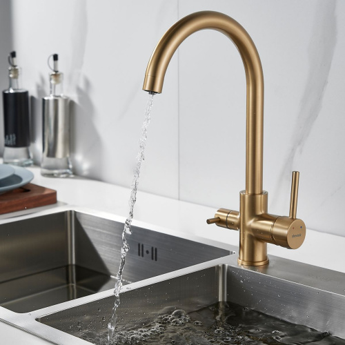 Смеситель для кухни Shevanik S128G с подключением фильтра питьевой воды, золото