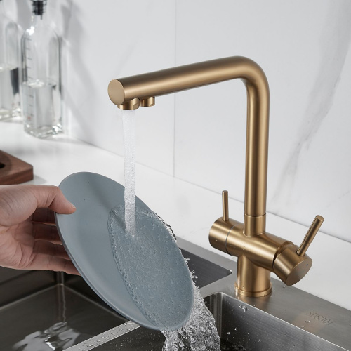 Смеситель для кухни Shevanik S468G с подключением фильтра питьевой воды, SUS304, золото